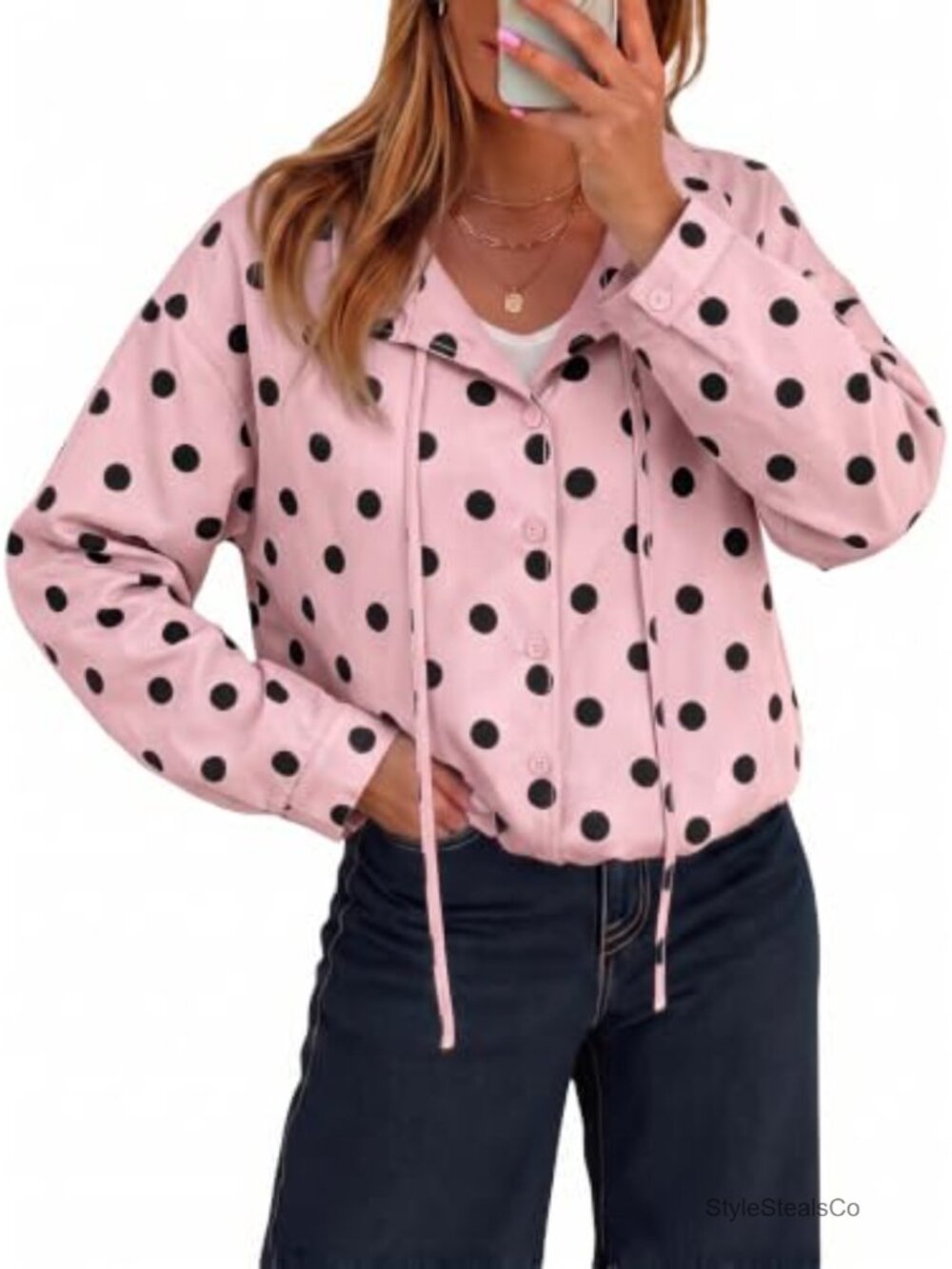 Polka Dot Cropped Button Down Drawstring Funnel Neck Jacket Long Sleeve Casual